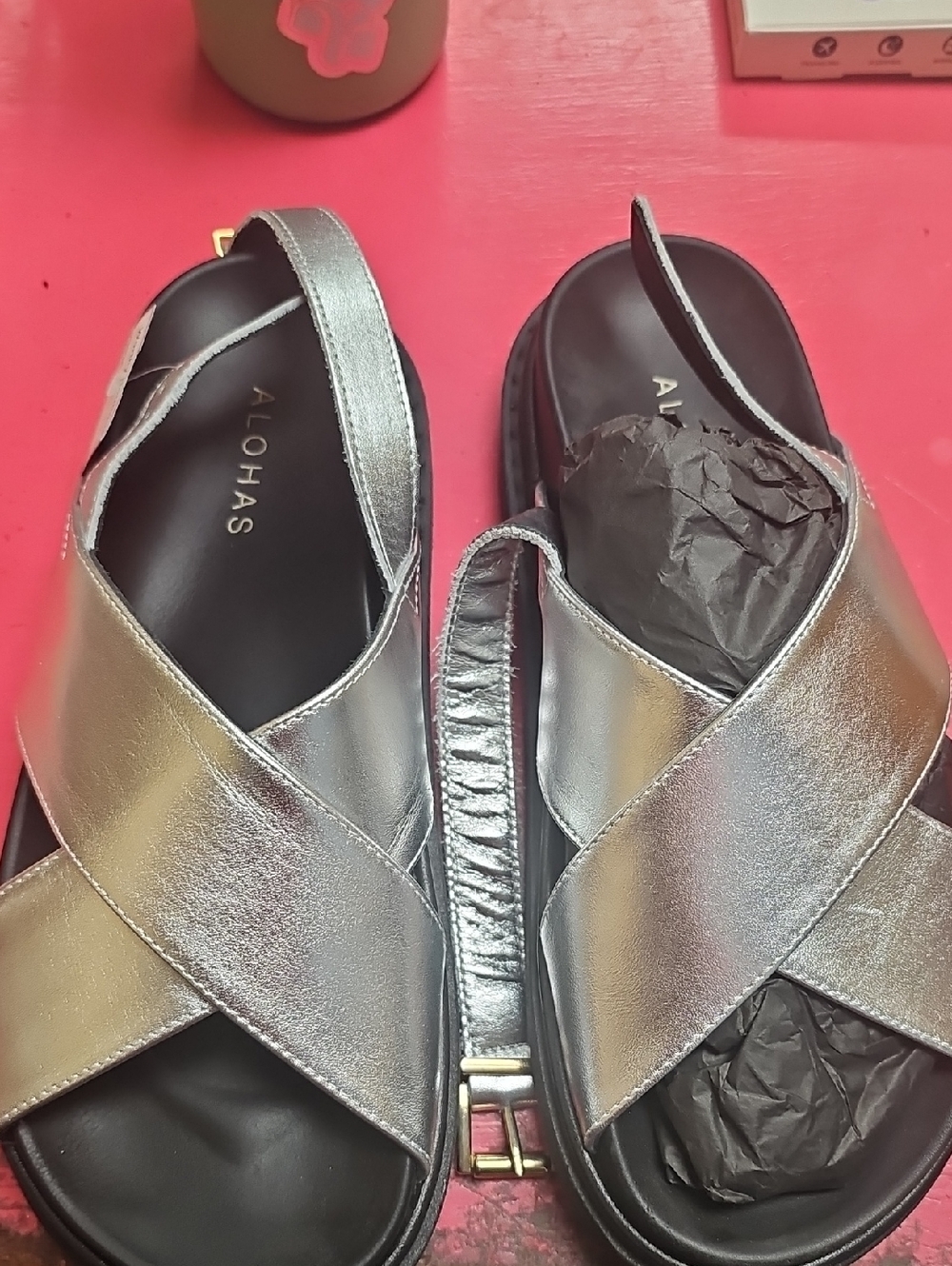 ALOHAS Metallic Silver Cross-Strap Platform Sandals